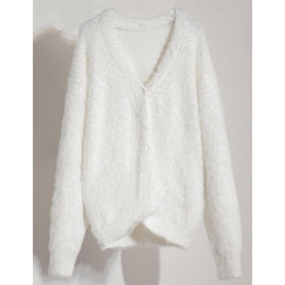 Womens Fuzzy Knit Cardigan Long Sleeve V Neck Button Down Casual Sweater - Picture 4 of 4